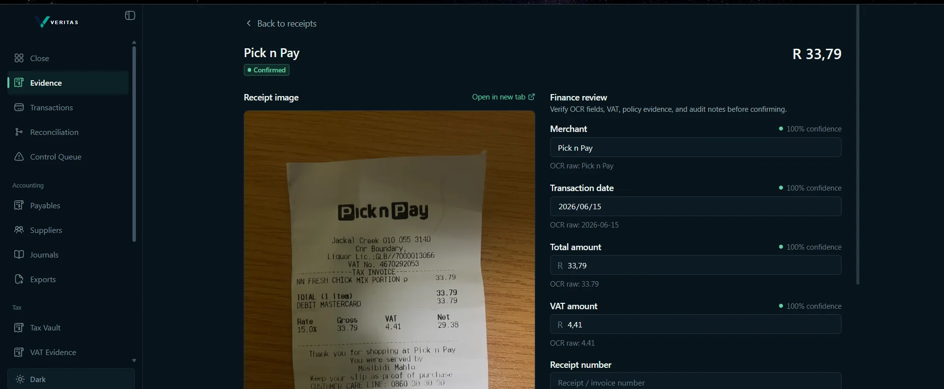 Veritas finance-review workspace with receipt evidence and extracted transaction fields.